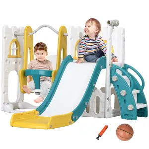 AIYAPLAY 6-in-1 Toddler Climber and Set w/ Basketball Hoop, Telescope Yellow