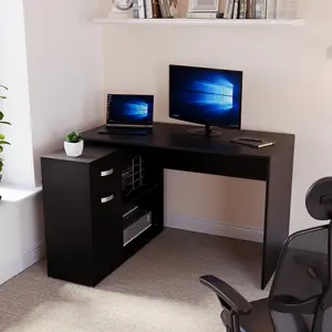 Vida Designs Longton Black Adjustable L-Shaped Computer Desk with Shelves, Drawer and Door