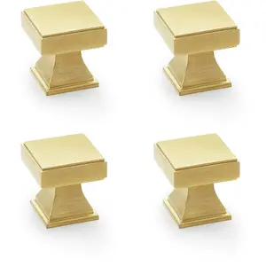 4 PACK - Chunky Square Cupboard Door Knob - 30mm - Satin Brass Kitchen Unit Pull Handle