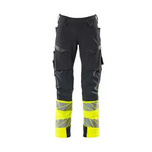 Mascot Accelerate Safe Trousers with Kneepad Pockets - Dark Navy/Hi-Vis Yellow   (31.5) (Leg Length - Short)