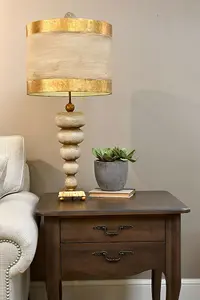 Table Lamp Gold Base Textured Pebble Shapes Gold Leaf Striped Shade LED E27 60W