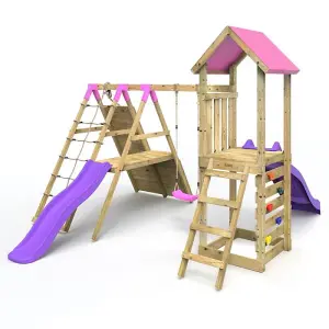 Rebo Wooden Climbing Frame with Swings, 6+8FT Slides & Climbing Wall - Alverstone Pink