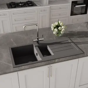 101cm Kitchen 1.5 Bowl Composite Inset Sink with Overflow & Drainer - Matt Grey