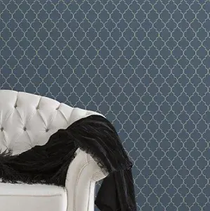 GoodHome Lypiatt Navy Metallic effect Geometric Textured Wallpaper