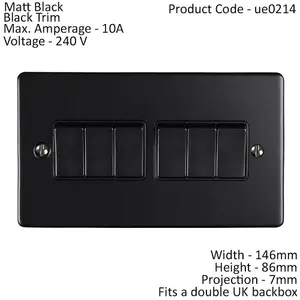 6 Gang Multi Light Switch MATT BLACK 2 Way 10A Black Trim & Metal Rocker