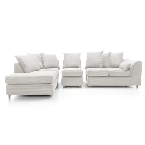 Jumbo Large White Cord Left Facing Corner Sofa for Living Room with Thick Luxury Deep Filled Cushioning