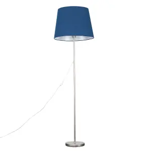 ValueLights Standard Floor Lamp In Brushed Chrome Metal Finish Withn Extra Large Navy Blue Shade With LED GLS Bulb in Warm White