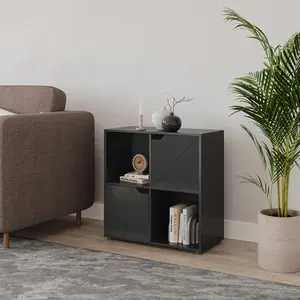 URBNLIVING 61cm Height Black Wooden Cube Bookcase with Line Door Display Shelf Storage Shelving Cupboard