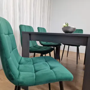 Grey Dining Table and 4 Green Velvet Tufted Chairs with 1 Bench