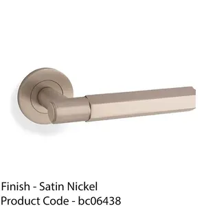 SOLID BRASS Hex Door Handle Set - Satin Nickel Industrial Lever Round Rose