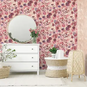 Galerie Julie Feels Home Pink Large Paeonia Shimmery Flowers Wallpaper Roll