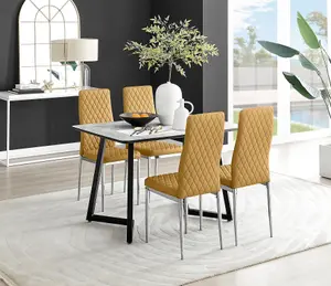 Furniturebox UK Carson White Marble Effect Dining Table & 4 Mustard Velvet Milan Chairs