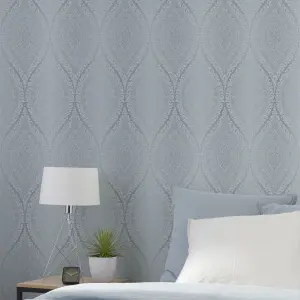 Celosi Blue Metallic effect Damask Textured Wallpaper Sample