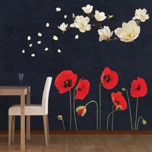 Walplus Combo Wall Stickers Art Mural Home Decor - White Magnolia and Poppy Flowers