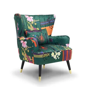 Fabric Green Patchwork Victoria Accent Wingback Chair