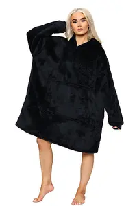 MS9 Women's Oversized Hoodie Wearable Blanket Hoodie Top With Sherpa Lining Black