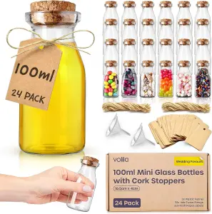 100ml Glass Bottles with Cork Lids - 24-Pack for Spices, Jam, Milk, Yoghurt, Wedding Favours, DIY Projects & Party Giveaways