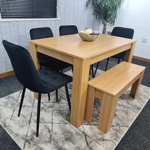 Dining Table and 4 Chairs With Bench Oak Effect Wood 4 Black Velvet  Chairs Dining Room