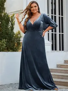 Ever-Pretty Elegant Plus Size Velvet Maxi Evening Dress For Women Polyester