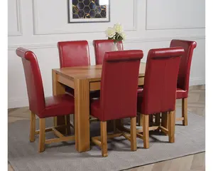 Kuba 125 x 80 cm Chunky Oak Small Dining Table and 6 Chairs Dining Set with Washington Burgundy Leather Chairs