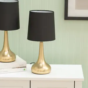 Pair - Brushed Gold Teardrop Touch Dimmer Table Lamps with Black Shade Bedside Light - LED Bulbs Included