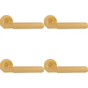 4 PACK - Premium Smooth Door Handle Set - Satin Brass Angled Lever on Round Rose