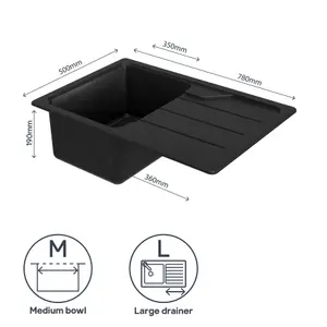 GoodHome Fatali Black Composite quartz 1 Bowl Sink & drainer 500mm x 780mm