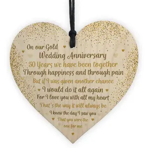 50th Gold Wedding Anniversary Gift For Husband Wife Wooden Heart Special Keepsake