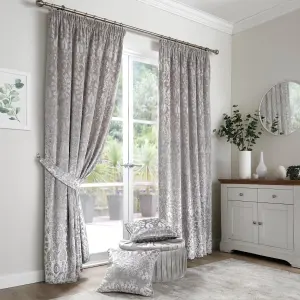 Trinity Jacquard Pair of Silver Pencil Pleat Curtains