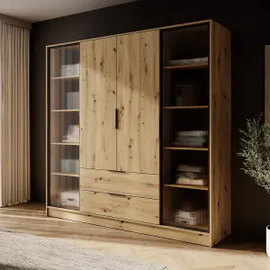 Kelly 206cm Glass-Fronted Wardrobe in Rustic Oak Artisan - Expansive Storage with Natural Charm