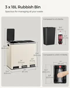 SONGMICS Kitchen Bin, Triple Recycling Bin, 3 Compartment Rubbish Bin for Recycling, Waste, Pedals, Steel, Sand Beige