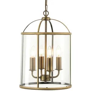 4 Light Hanging Ceiling Pendant Brass & Glass Lantern Shade Lamp Bulb Holder