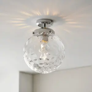 Decorative Flush Bathroom Ceiling Light Fitting - Clear Glass Dimpled Shade