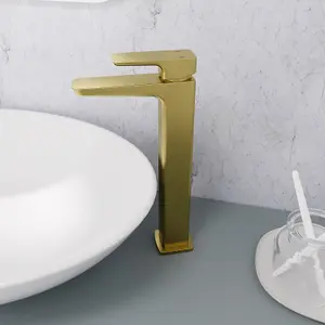 Nes Home Modern Countertop Brushed Brass Tall Square Basin Mono Mixer Tap