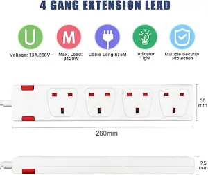 4 Way Socket with Cable 3G1.25,5M,White,with Indicate Light, Child Resistant Sockets