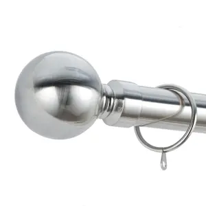 A.Unique Home Plain Round Ball Metal Extendable Curtain Pole with Rings and Fittings (25/28mm) - Brushed Steel, 120cm-220cm Approx