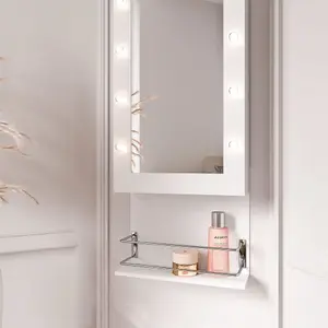 Crystal Wall Door Mounted Full Length Mirror Jewellery Cabinet with LED Lights & Hair Dryer Holder Makeup Storage White