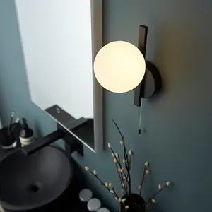 Matt Black Contemporary Bathroom Wall Light & Opal Sphere Glass Shade IP44 Rated