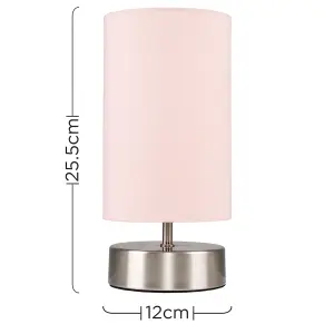 ValueLights Francis Pair of Francis Satin Touch Dimmer Bedside Table Lamps with Pink Cylinder Light Shades