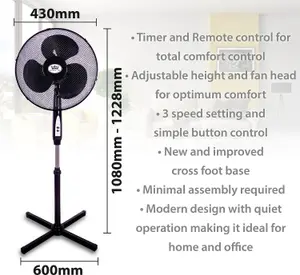 Prem-I-Air 16 Inch Black Oscillating Pedestal Fan with 3 Speed Settings with Remote