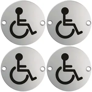 4 PACK - Bathroom Door Disabled Symbol Sign 64mm Fixing Centres 76mm Dia Satin Steel