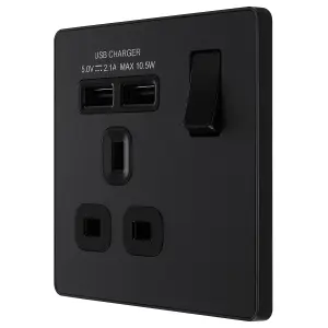 BG Matt Black Single 13A 10W Raised slim Switched Screwless Socket with USB, x2 & Black inserts