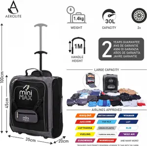 Aerolite MiniMAX 30L EasyJet 45x36x20 Maximum Size Cabin Hand Luggage Under Seat Trolley Backpack Carry On Cabin Hand Luggage Bag