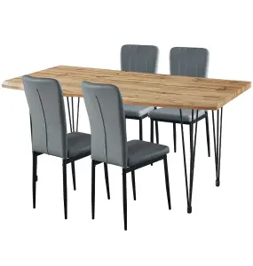 Hallowood Furniture Cullompton Large Dining Table Live Edge Effect Top (1.6m) with 4 Light Grey Faux Leather Chairs