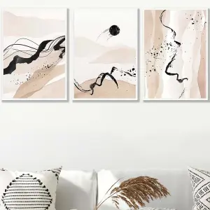 Set of 3 Beige Black Abstract Mountain Contours Wall Art Prints / 50x70cm / White Frame