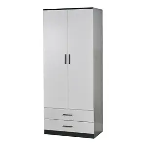 URBNLIVING 180cm Tall Wooden 2 Door Wardrobe Black Carcass and White Drawers With 2 Drawers Bedroom Storage Hanging Bar Clothes