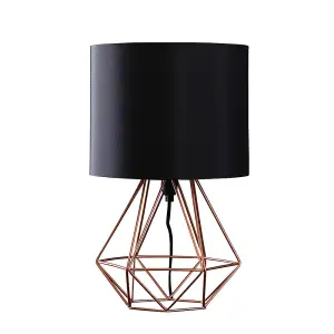 ValueLights Angus Modern Copper Metal Basket Cage Bed Side Table Lamp with Black Fabric Shade with LED Golfball Bulb In Warm White