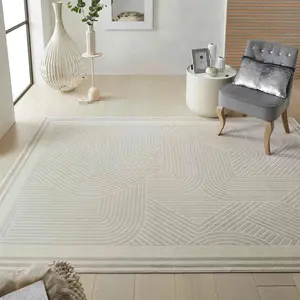 Light Grey Ivory Chequered Geometric Modern Easy to Clean Modern Dining Room Bedroom and Living Room Rug-160cm X 230cm