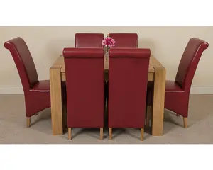 Kuba 125 x 80 cm Chunky Oak Small Dining Table and 6 Chairs Dining Set with Montana Burgundy Leather Chairs