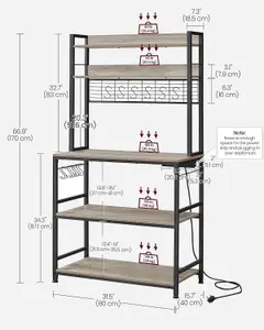 VASAGLE Kitchen Baker's Rack with Built-in Power Outlet, Coffee Station, Hooks, Shelf, Wire Panel, Greige and Ink Black